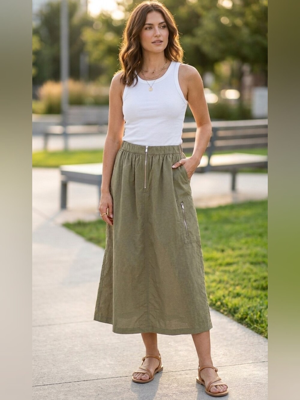 278. NWOT - DKNY Perforated Zip-Front Midi Skirt - Size Large